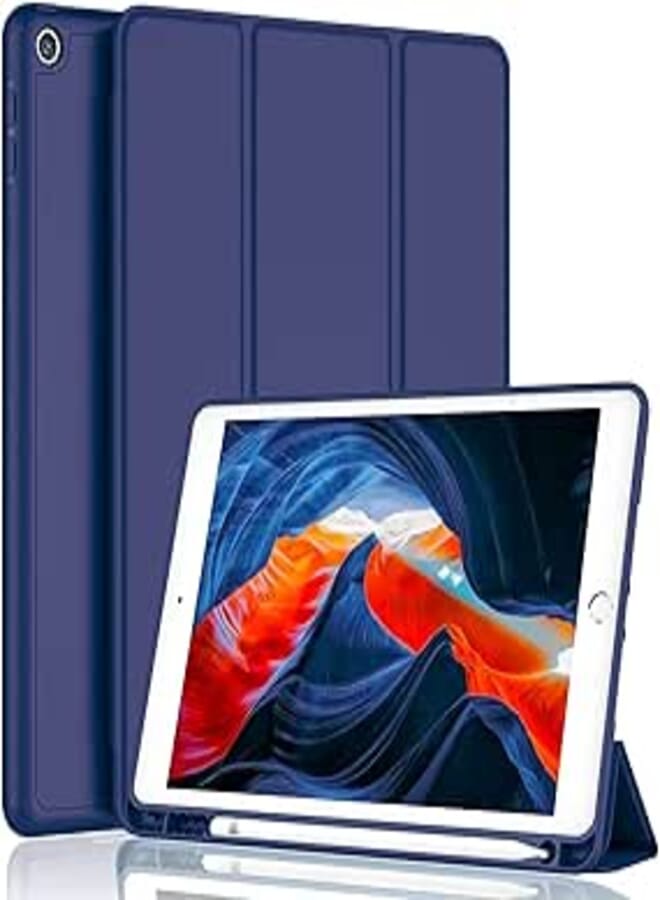 Oaky Smart Case for iPad 9/8/7 Generation 10.2 inch (2021/2020/2019) Pencil Holder, PU Lather, Trifold Stand, Auto Wake/Sleep, Soft TPU Back Case Cover - Navy Blue
